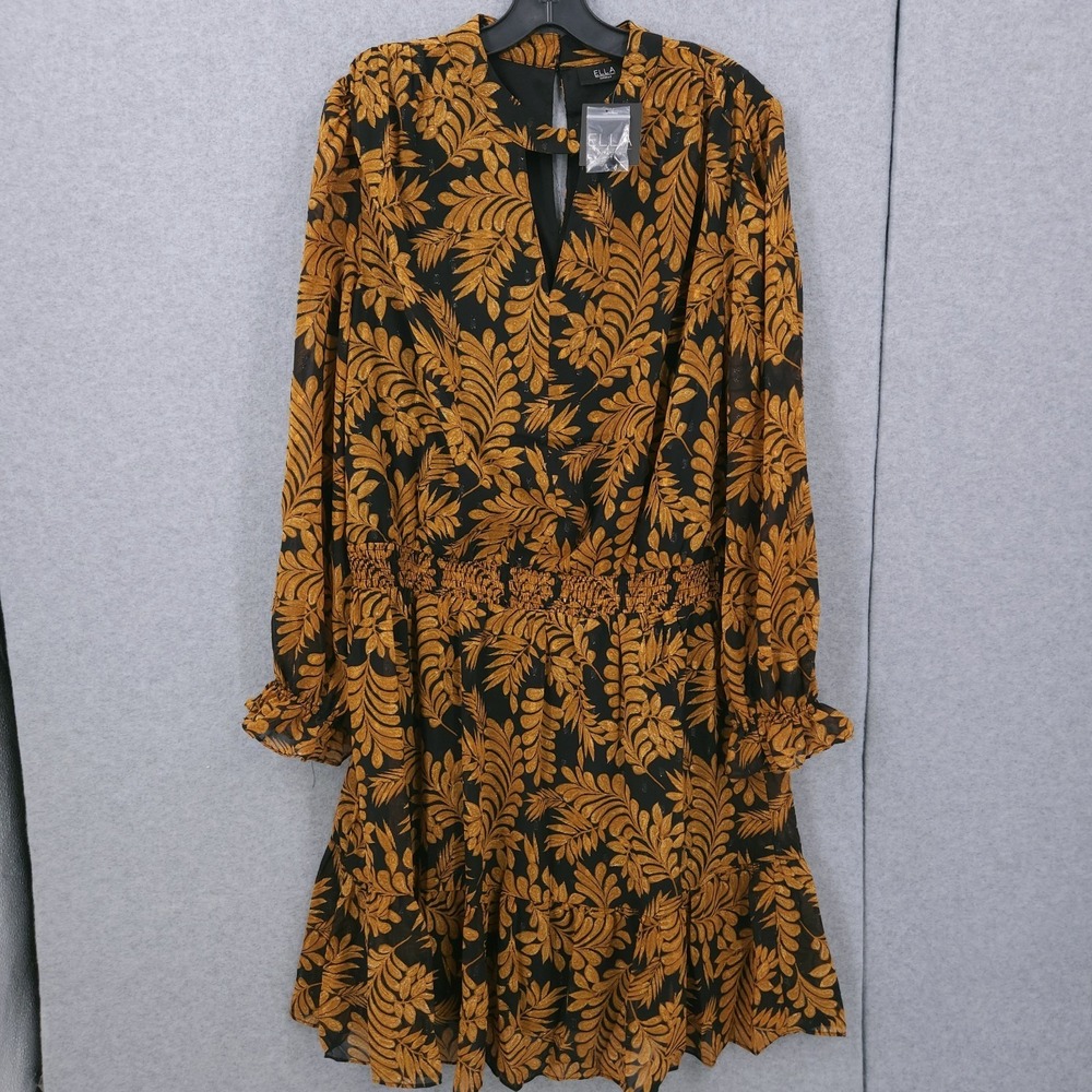 Ella Rafaella Metallic Leaves Print Long Sleeve‎ Black Dress Womens Plus Size 1X